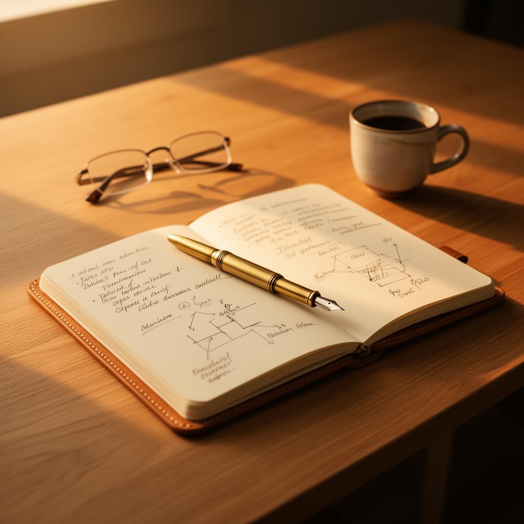 An open notebook with handwritten business plan sketches and a brass fountain pen in warm morning light
